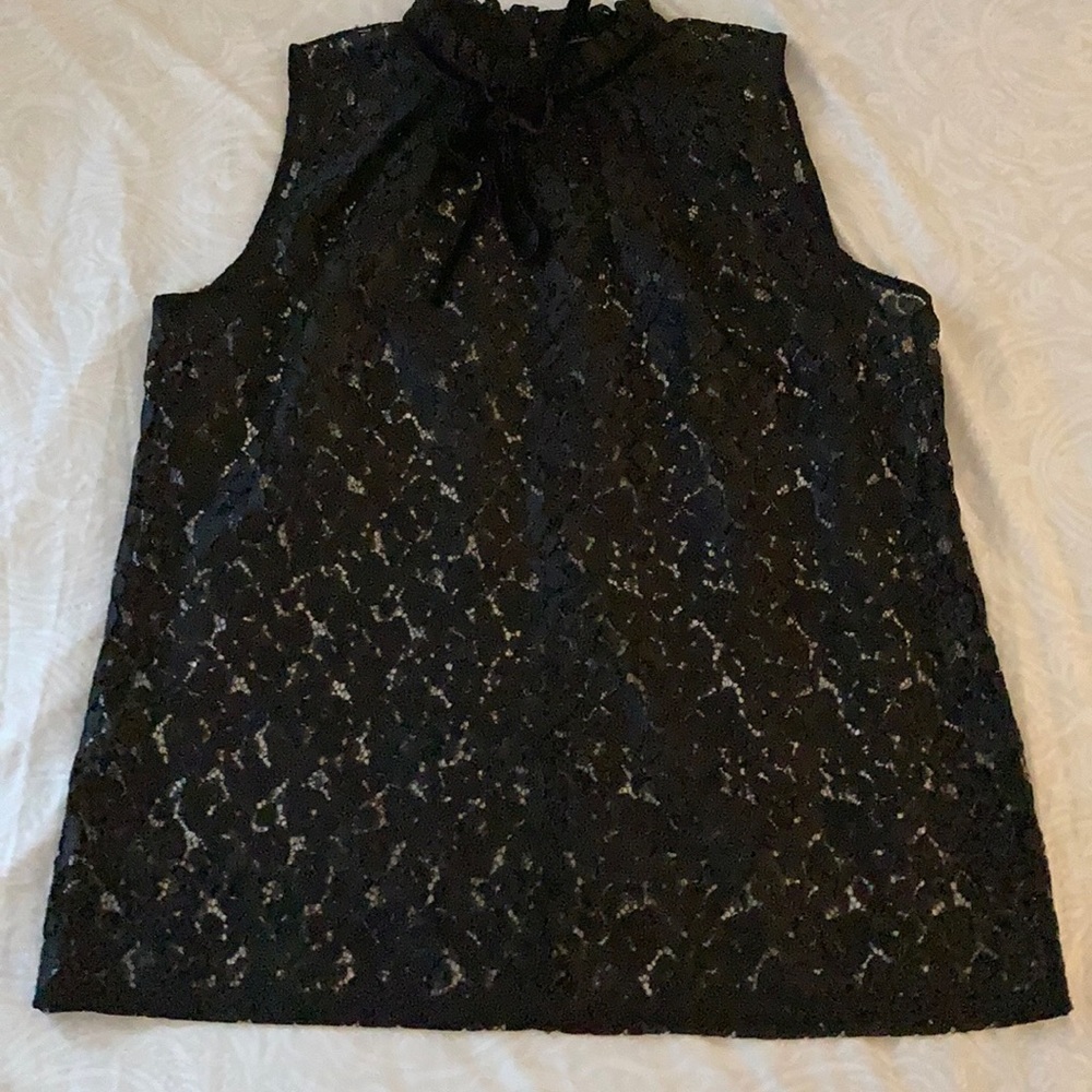 Sheer Floral Blk Lace Collared Tnk w/Velvt Tie Bow